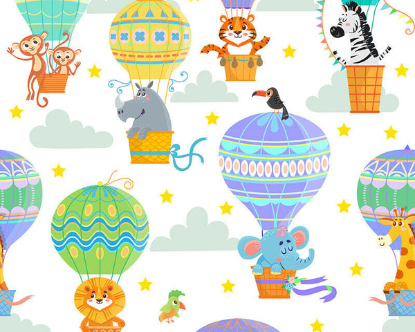 Animals Hot Air Balloons White Polycotton Children Fabric