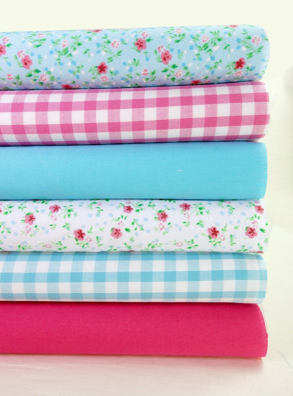 Fabric Bundles Fat Quarters Polycotton Material Florals Gingham Plains Craft - AQUA CERISE