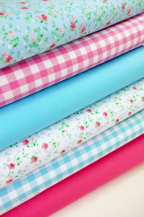 Fabric Bundles Fat Quarters Polycotton Material Florals Gingham Plains Craft - AQUA CERISE