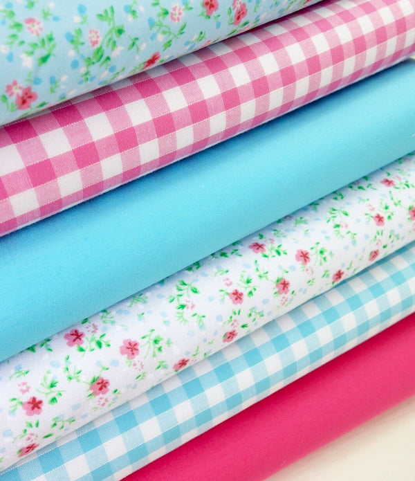 Fabric Bundles Fat Quarters Polycotton Material Florals Gingham Plains Craft - AQUA CERISE