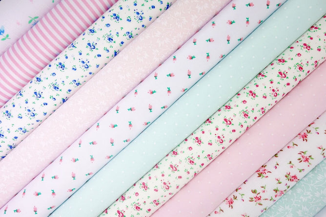 Fabric Bundles Fat Quarters Polycotton Material Florals Spots Stripes Craft - AQUA PINK