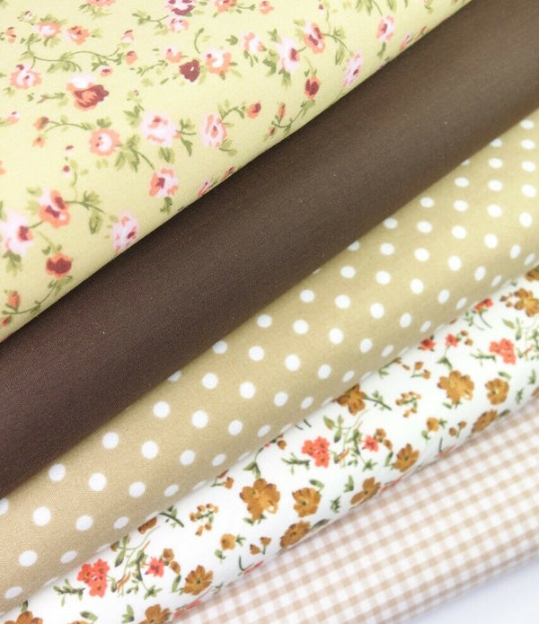 Fabric Bundles Fat Quarters Polycotton Material Florals Gingham Spots Craft - BEIGE BROWN