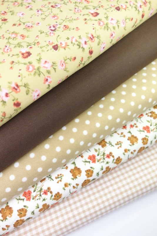 Fabric Bundles Fat Quarters Polycotton Material Florals Gingham Spots Craft - BEIGE BROWN