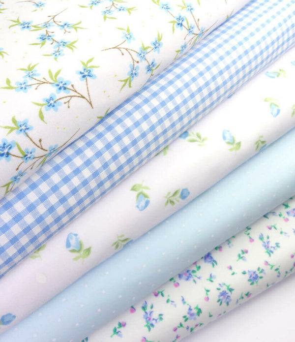 Fabric Bundles Fat Quarters Polycotton Material Florals Gingham Spots Craft - BLUE