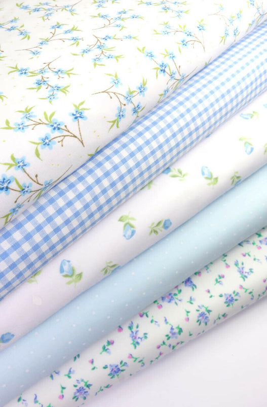 Fabric Bundles Fat Quarters Polycotton Material Florals Gingham Spots Craft - BLUE