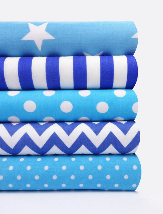 Geometric Fabric Bundles Fat Quarters Polycotton Material Stars Spots Craft - BLUE