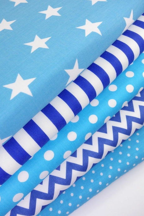 Geometric Fabric Bundles Fat Quarters Polycotton Material Stars Spots Craft - BLUE