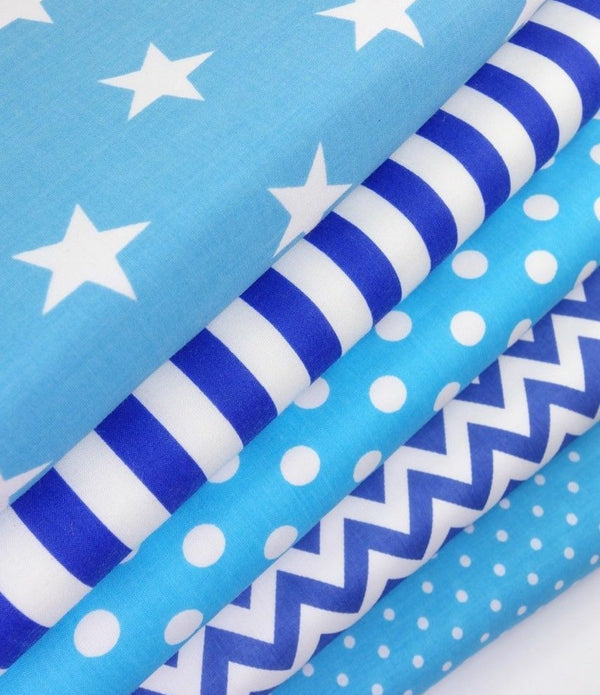 Geometric Fabric Bundles Fat Quarters Polycotton Material Stars Spots Craft - BLUE