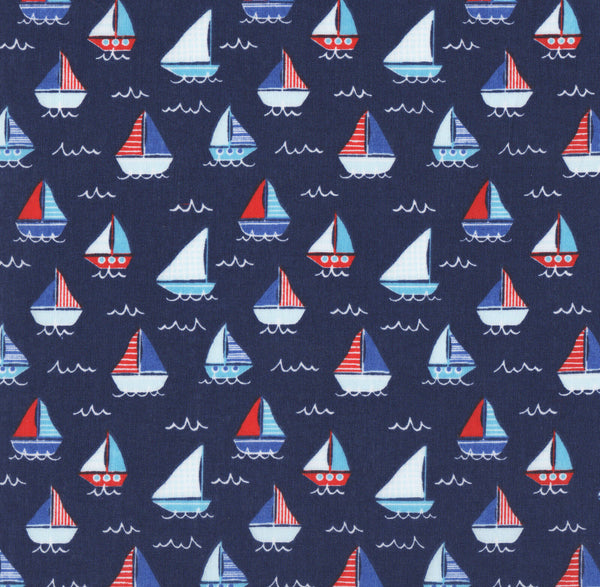 Boats Navy Polycotton Children Fabric Choose Size