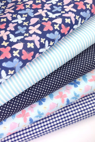 Fabric Bundles Fat Quarters Polycotton Material Butterflies Blue Gingham Spots Children Craft