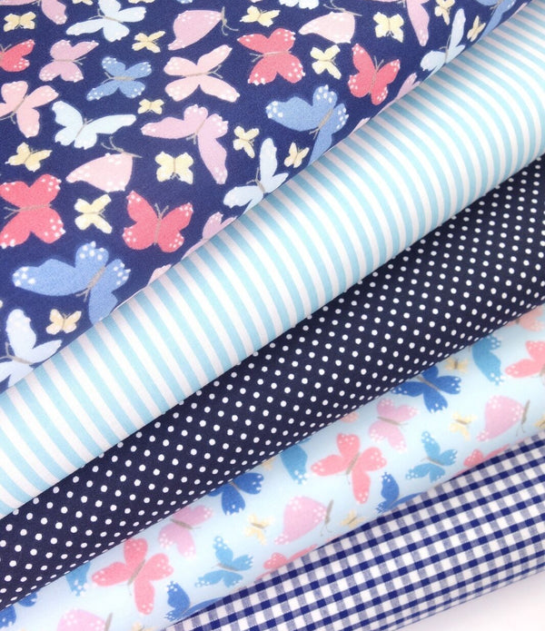 Fabric Bundles Fat Quarters Polycotton Material Butterflies Blue Gingham Spots Children Craft