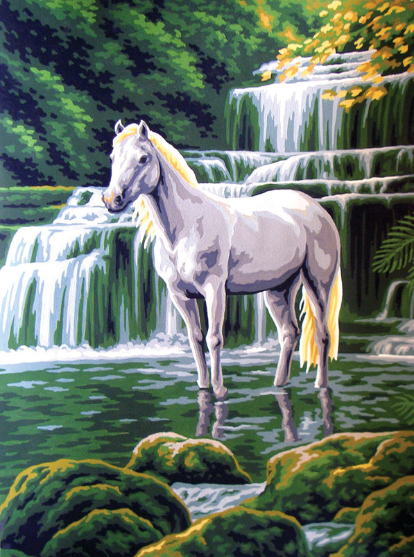 Collection d'Art Printed Needlepoint Tapestry Canvas Needlecraft 40x50cm - White Horse At Waterfall