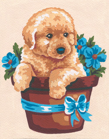Collection d'Art Printed Needlepoint Tapestry Canvas Needlecraft 20x25cm - Puppy In Flower Pot