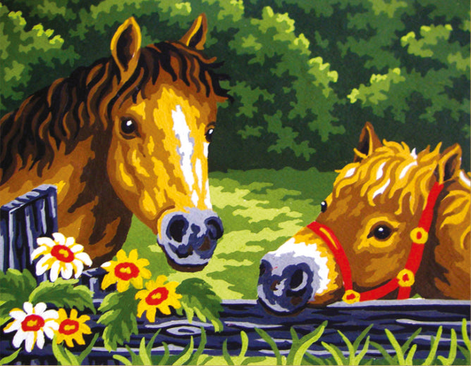 Collection d'Art Printed Needlepoint Tapestry Canvas Kit Needlecraft 22x30cm - Ponies At the Fence