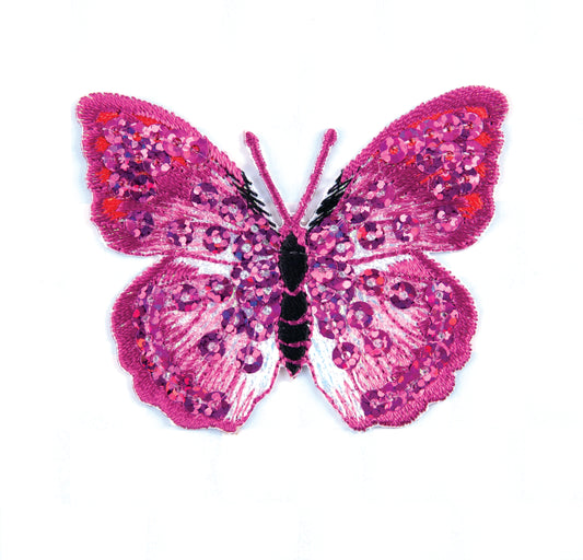 Sew On Motifs Lace Jeans Dresses Appliques Patches 5 cm -Pink Sequin Butterfly - Hobby & Crafts