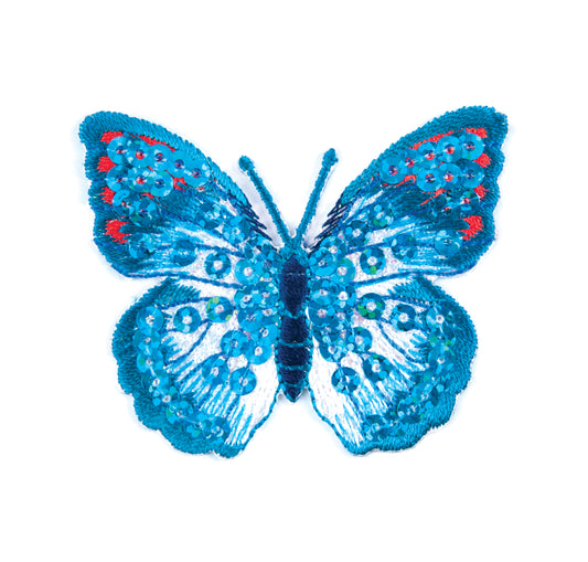 Sew On Motifs Lace Jeans Dresses Appliques Patches 4.8 cm -Blue Sequin Butterfly - Hobby & Crafts