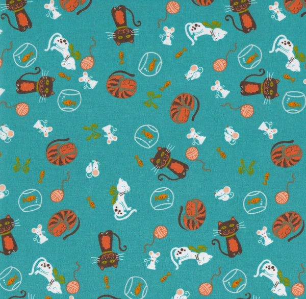 Cats Mice Goldfish Teal Polycotton Children Fabric Choose Size