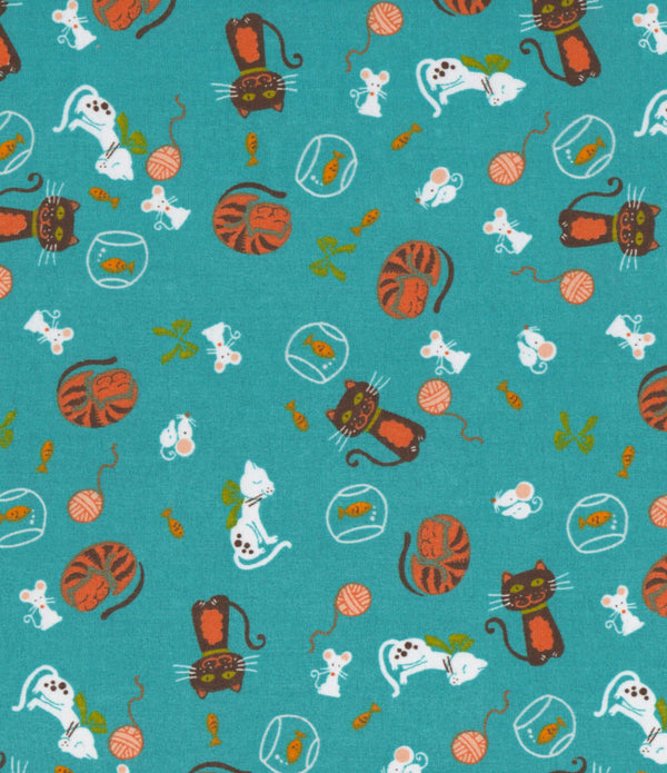 Cats Mice Goldfish Teal Polycotton Children Fabric Choose Size