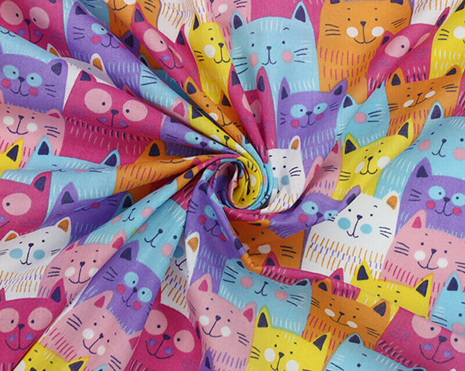 Cute Cats Bright Multi Polycotton Children Fabric