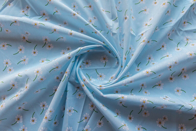 Daisies Pale Blue Shabby Chic Polycotton Floral Fabric