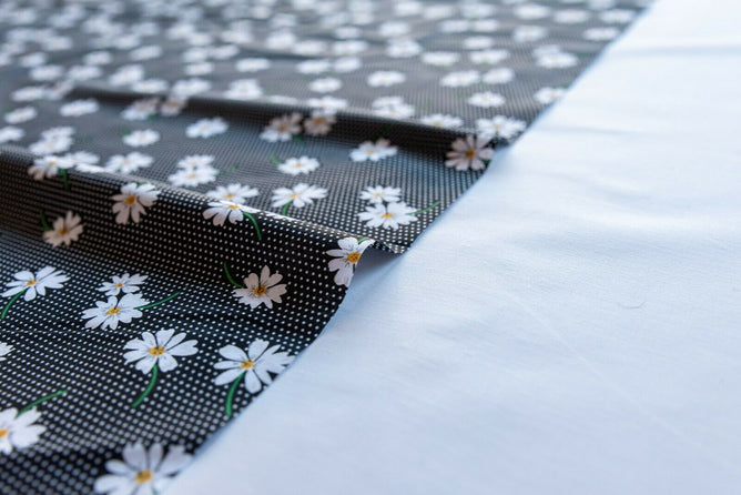Daisies on Black Shabby Chic Polycotton Floral Fabric
