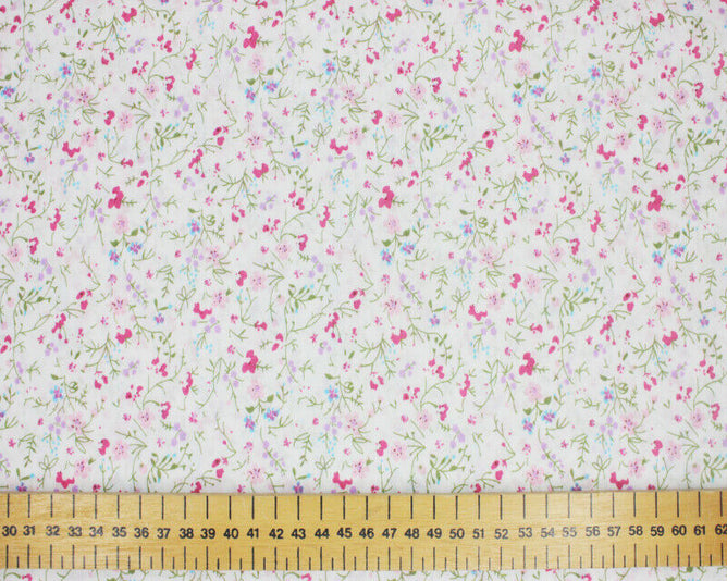 Ditsy Flowers White Shabby Chic Polycotton Floral Fabric