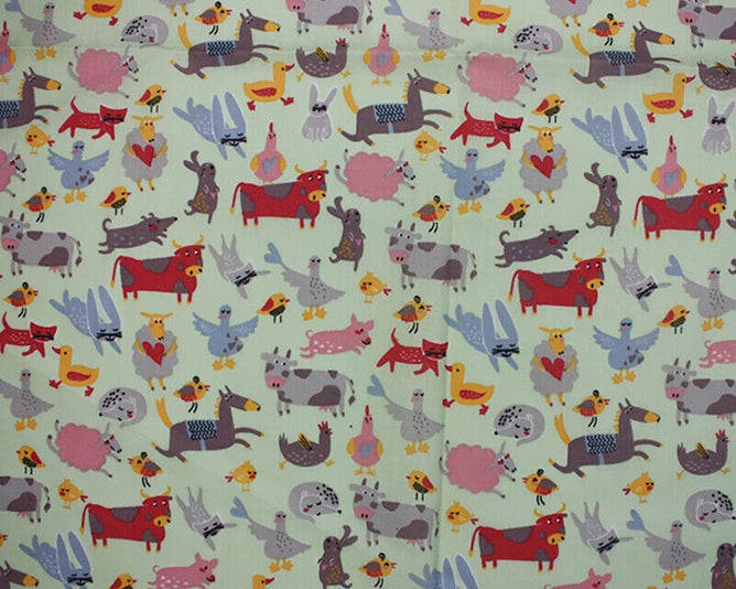 Farm Animals Mint Polycotton Children Fabric