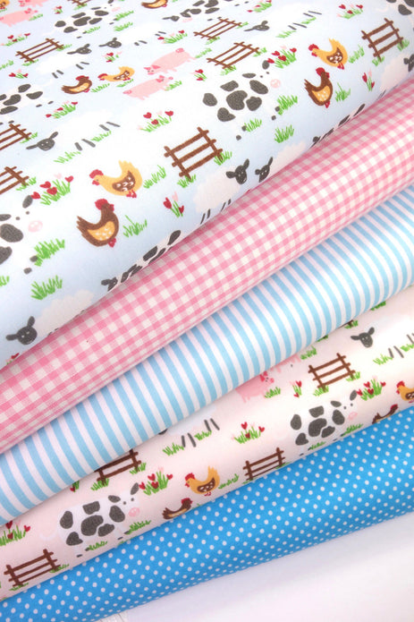 Fabric Bundles Fat Quarters Polycotton Material Farmyard Pink Blue Gingham Children Craft