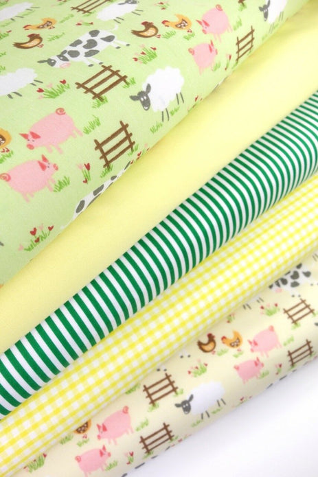 Fabric Bundles Fat Quarters Polycotton Material Farmyard Green Yellow Gingham Children Craft