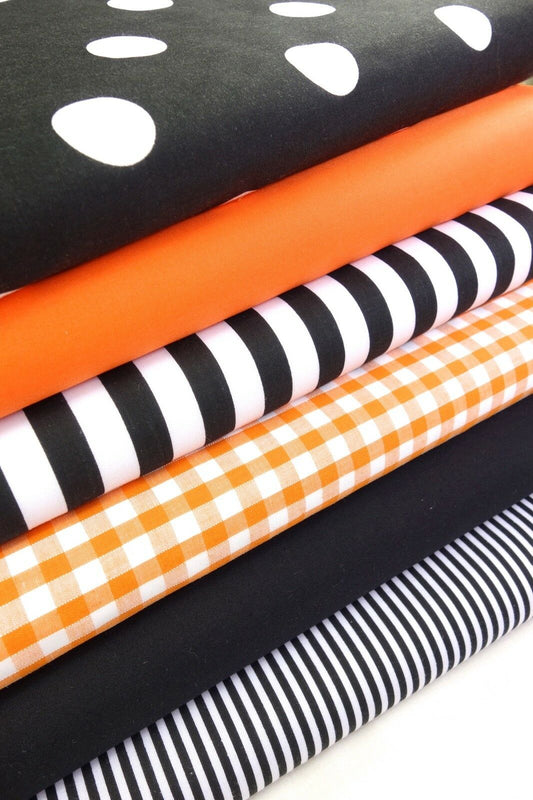 Geometric Fabric Bundles Fat Quarters Polycotton Material Gingham Spots Craft - BLACK ORANGE