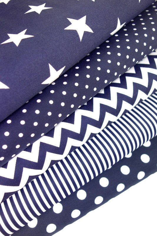 Geometric Fabric Bundles Fat Quarters Polycotton Material Stars Spots Craft - NAVY