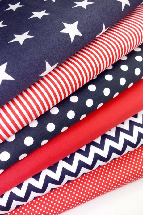 Geometric Fabric Bundles Fat Quarters Polycotton Material Stars Spots Craft - NAVY RED