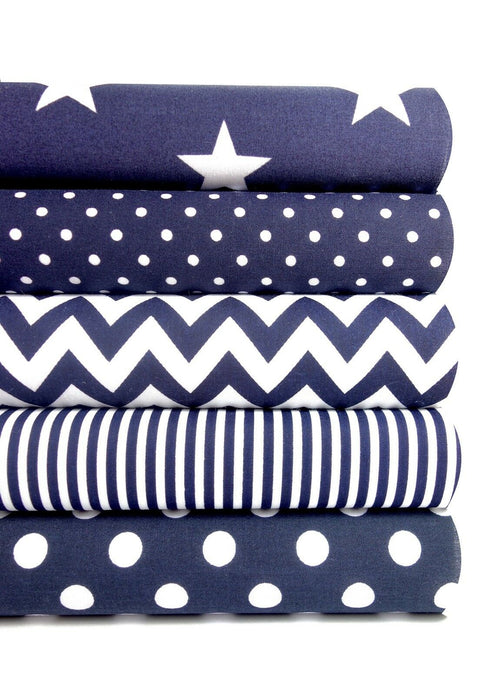 Geometric Fabric Bundles Fat Quarters Polycotton Material Stars Spots Craft - NAVY