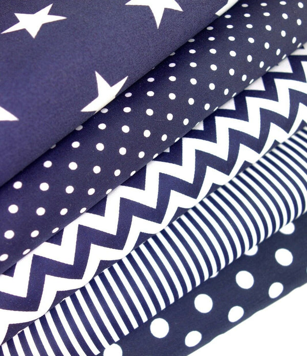 Geometric Fabric Bundles Fat Quarters Polycotton Material Stars Spots Craft - NAVY