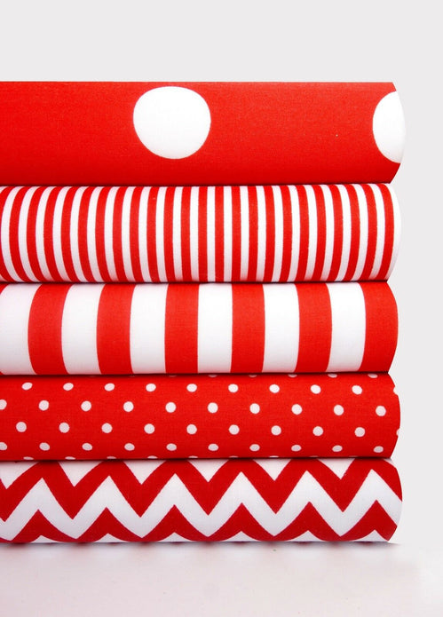 Geometric Fabric Bundles Fat Quarters Polycotton Material Chevrons Spots Craft - RED