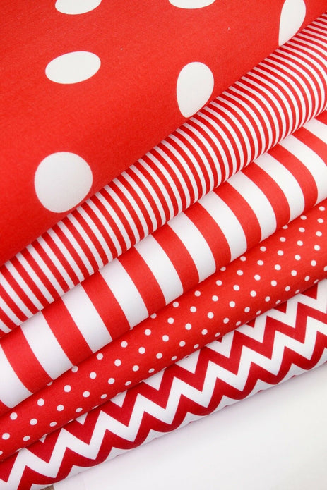 Geometric Fabric Bundles Fat Quarters Polycotton Material Chevrons Spots Craft - RED