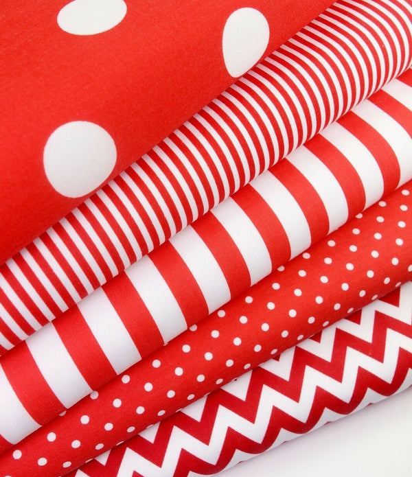 Geometric Fabric Bundles Fat Quarters Polycotton Material Chevrons Spots Craft - RED