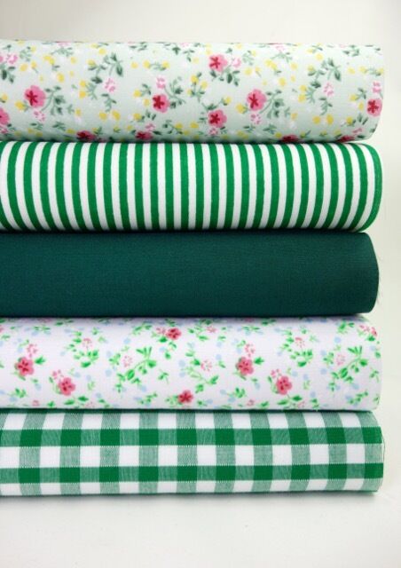 Fabric Bundles Fat Quarters Polycotton Material Florals Gingham Stripes Craft - GREEN