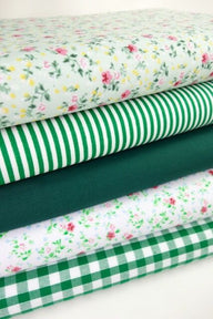 Fabric Bundles Fat Quarters Polycotton Material Florals Gingham Stripes Craft - GREEN