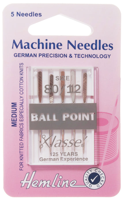 Hemline Ball Point Sewing Machine Needles Medium - 80 /12 - Hobby & Crafts