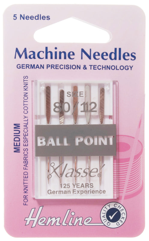 Hemline Ball Point Sewing Machine Needles Medium - 80 /12 - Hobby & Crafts