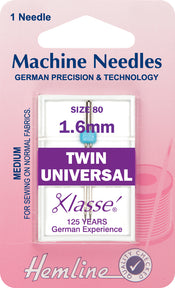 Hemline Universal Machine Needles Twin - 80/12 - 1.6mm. - Hobby & Crafts