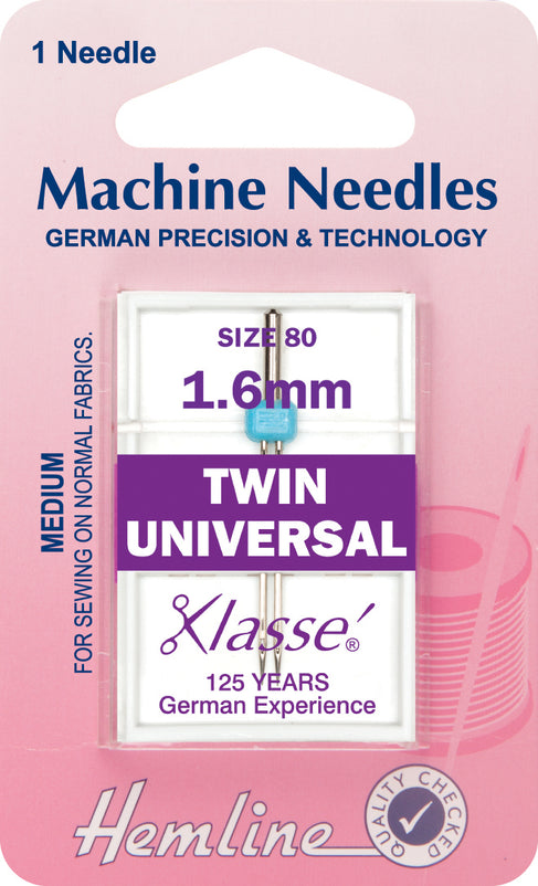Hemline Universal Machine Needles Twin - 80/12 - 1.6mm. - Hobby & Crafts