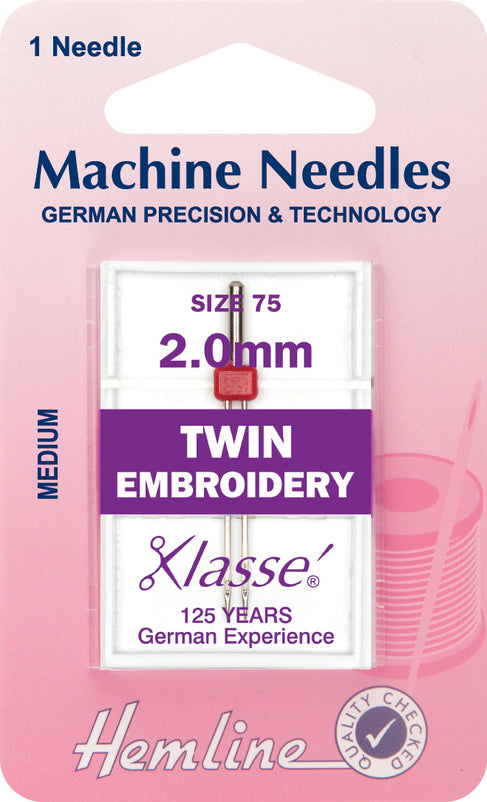 Hemline Sewing Machine Needles Twin Embroidery - 2mm - Hobby & Crafts