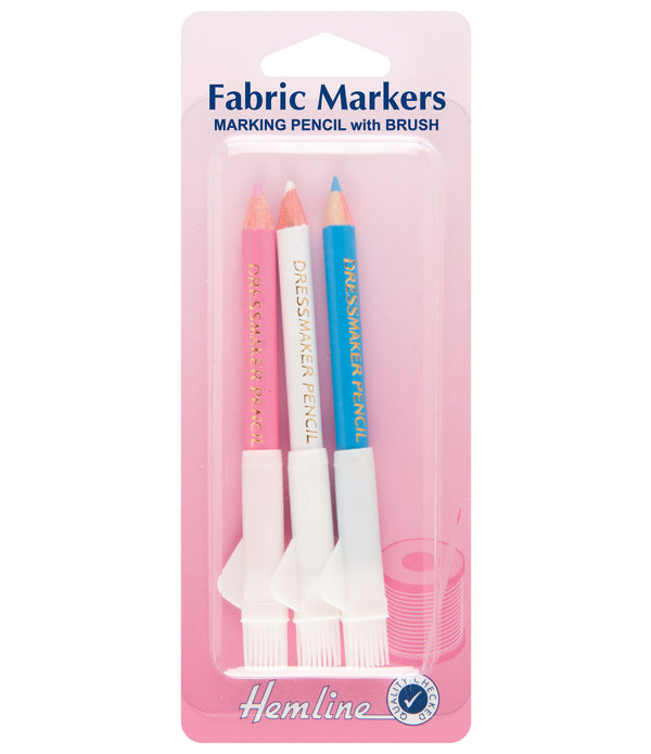 3 x Hemline Assorted Colour Dressmakers Fabric Marker Pencils With Brush Hand Sewing - Hobby & Crafts