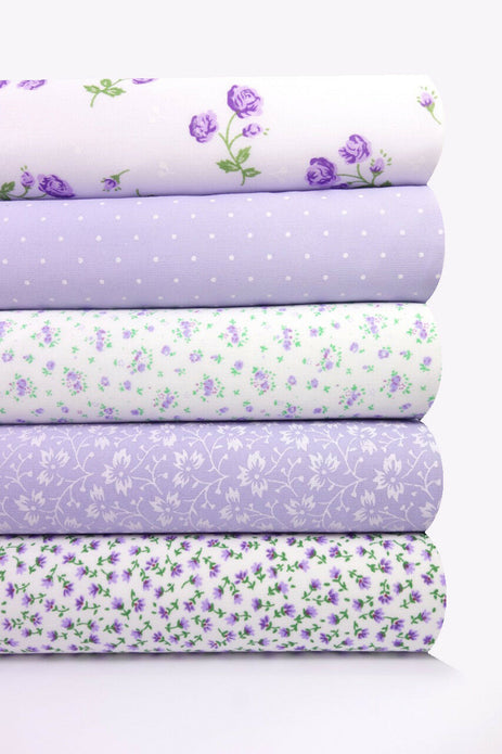 Fabric Bundles Fat Quarters Polycotton Material Florals Spots Craft - LILAC