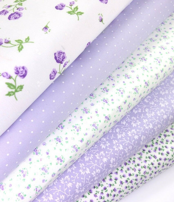 Fabric Bundles Fat Quarters Polycotton Material Florals Spots Craft - LILAC