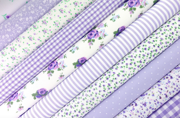 Fabric Bundles Fat Quarters Polycotton Material Flowers Gingham Spots Craft - LILAC