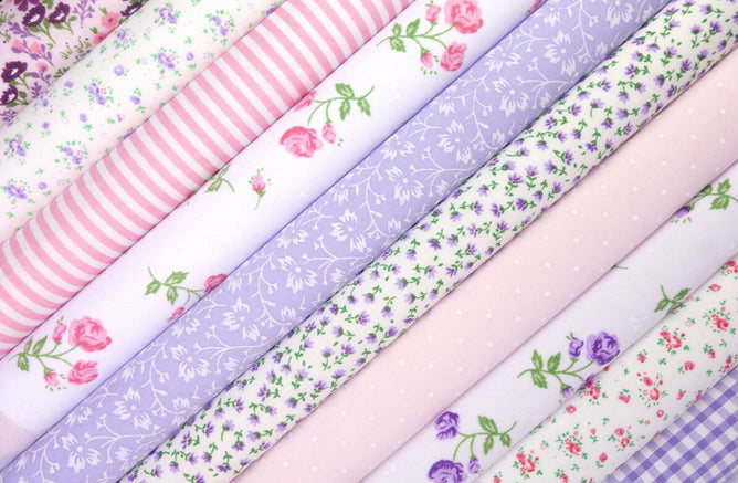 Fabric Bundles Fat Quarters Polycotton Material Vintage Florals Gingham Craft - Lilac Pink