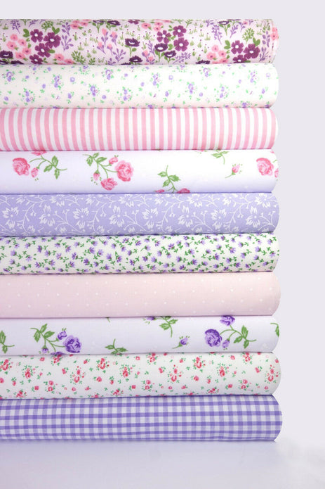 Fabric Bundles Fat Quarters Polycotton Material Vintage Florals Gingham Craft - Lilac Pink